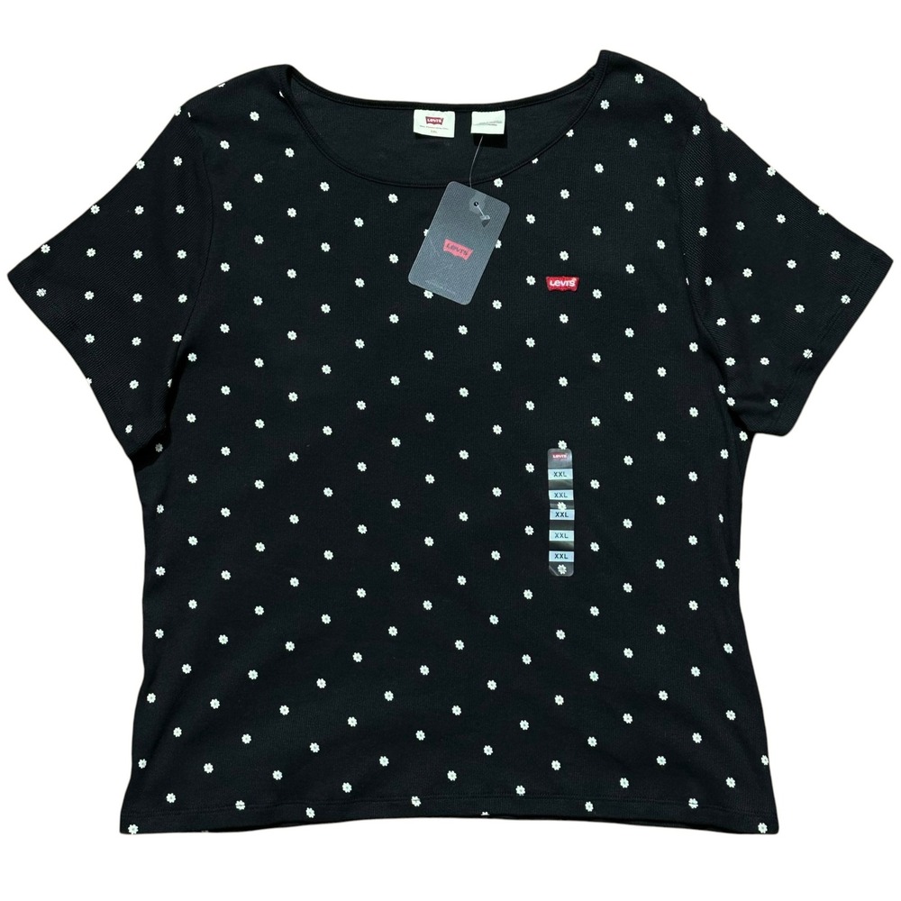 Levis Womens XXL Black Daisy Floral Ribbed Baby Tee Short Sleeve Scoop Neck New